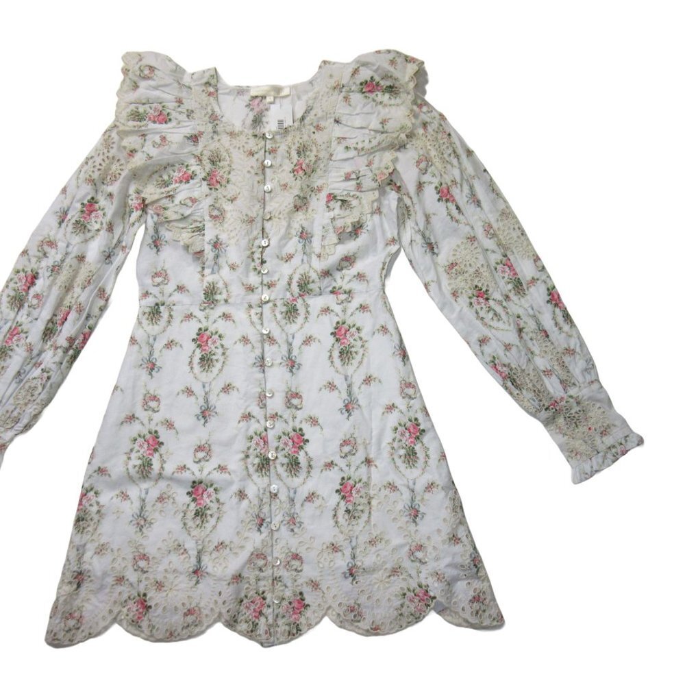 LoveShackFancy White Floral Ruffle Button-Front Mini Dress - Picture 2 of 7